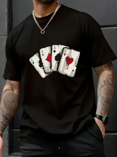 Discover Men'S Casual Cotton T-Shirt with Playing Card Print, Crew Neck, Short Sleeve, Sl