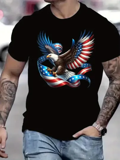 Discover Men's Patriotic Bald Eagle Graphic T-Shirt - American Flag Design, Black Cotton