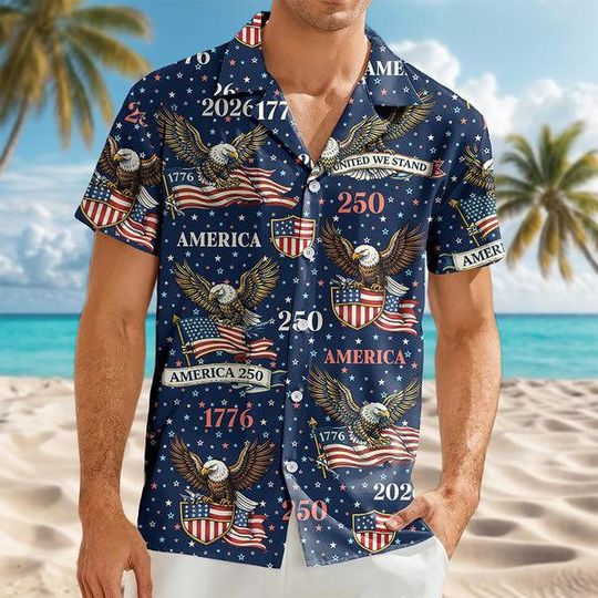 250 Years of Freedom Button Shirt, Retro America 250th Anniversary Hawaiian Shirt, Patriotic Eagle Statue of Liberty Independence Day Gift
