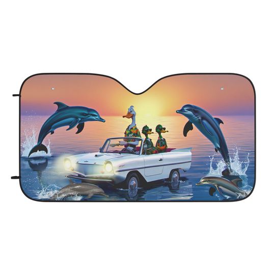 Discover Dolphins & Convertible Driving Scene Car Sun Shade | Beach Sunset Auto Sunshade