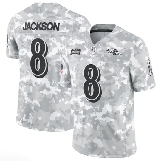 Discover Men's Ravenss #8 Lamar Jackson Arctic Camo 2024 Salute to Service Jersey