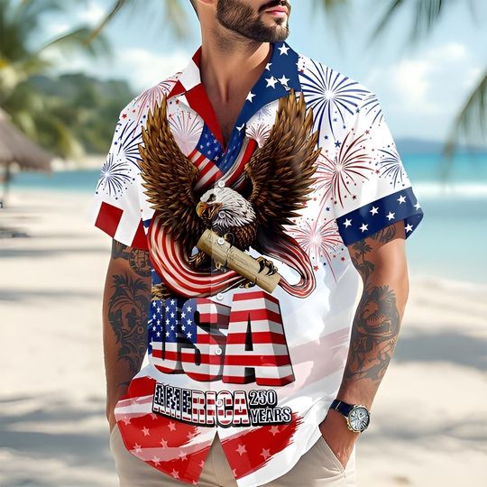 Discover 250th Anniversary America Hawaiian Shirt, 250 Years USA Independence Day Shirt, 1776-2026 Semiquincentennial, 4th Of July Patriotic Gift