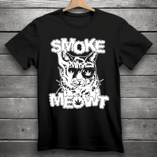 Discover Smoke Meowt Cat Smoking Cannabis 420 Stoner Funny Black T-Shirt S-3XL