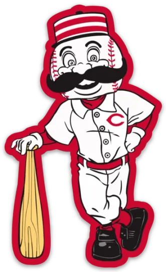Discover Cincinnati Reds logo Type Mr. Red Character w/ baseball bat MLB Die-Cut MAGNET