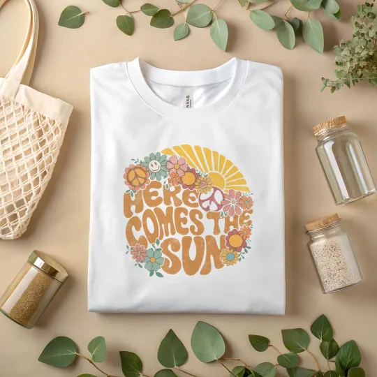 Discover Here Comes The Sun T-Shirt Retro Hippie Graphic Tee Vintage Flower Shirt A16