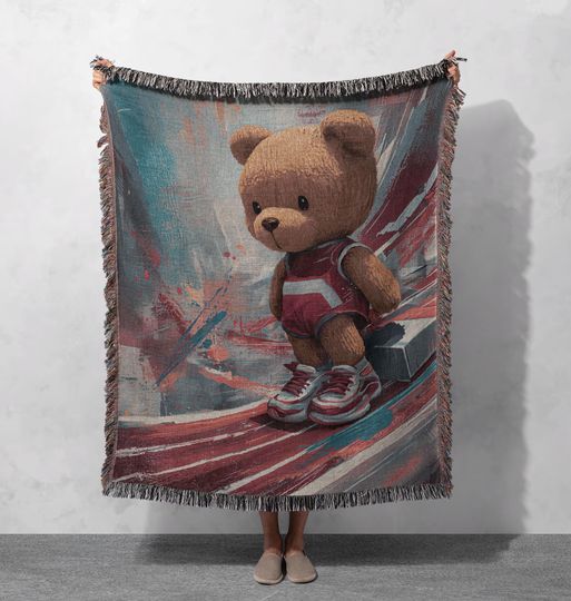 Discover Basketball Player Teddy Bear Woven Blanket 100% Cotton, Gift For Runner Woven Throw, Athlete Son Birthday Woven Tapestry, Sports Fan