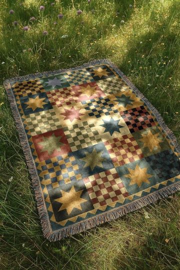 Discover Farmhouse Checkered Blanket | Rustic Country Folk Tapestry Throw Blanket | Boho Vintage Home Decor Woven Blanket