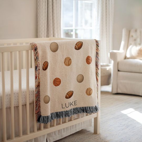 Discover Personalized Sports Baby Blanket, Custom Name Baseball Basketball Football Golf Throw, Sports Lover Nursery Decor, Baby Shower Gift