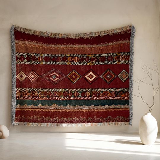 Discover Berber style Woven Blanket, 100% Cotton Jacquard Throw, Colorful Bohemian Home Decor