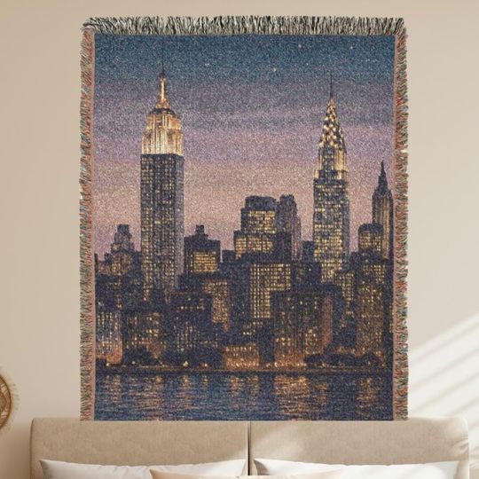 Discover New York City Cityscape Woven Blanket , NYC Decor, Cityscape Throw, Urban Home Accent, Night Sky Blanket, Skyline Tapestry