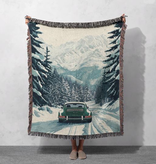 Discover Winter Drive Woven Blanket 100% Cotton, Vintage Car and Snowy Mountain Scene for Cozy Home Decor, Cottagecore Tapestry
