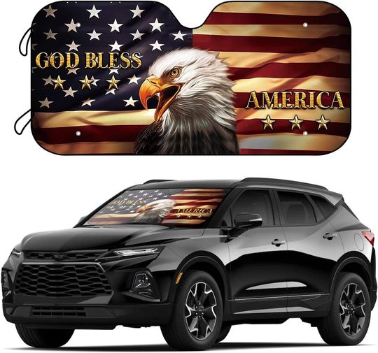 Discover American Eagle Car Sunshade Polyester Windshield Cover Patriotic Flag UV Protection
