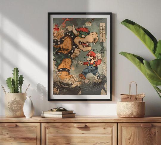 Discover Mario vs Bowser Poster: Retro Japanese Anime Wall Art
