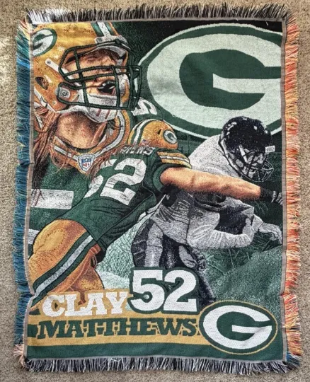 Green Bay Packers Clay Matthews Woven Tapestry Throw Blanket 44x60 USA HTF