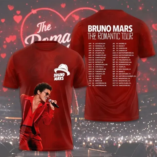 Discover Bruno Mars The Romantic Tour 2026 3D T-Shirt