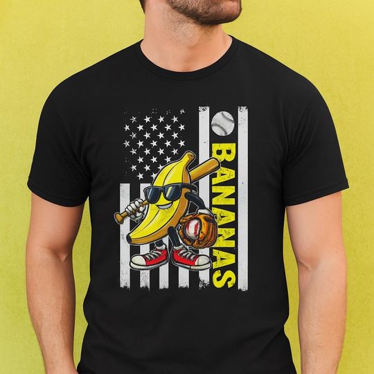 Discover Funny Bananas Baseball Tee with Vintage American Flag Graphic