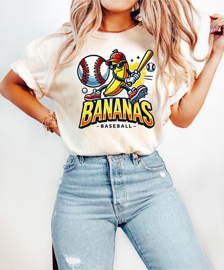Discover Let's Go Bananas Baseball T-Shirt, Funny Banana Baseball Tee, Banana Playing Baseball Top, Sports Team Mascot Shirt
