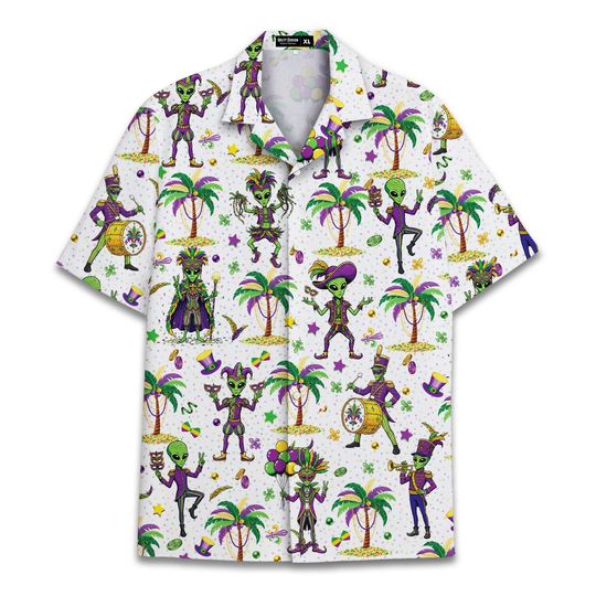 Funny Alien February Festival Hawaiian Shirt, Skull Alien Patterned Short Sleeve Button-Down for Men