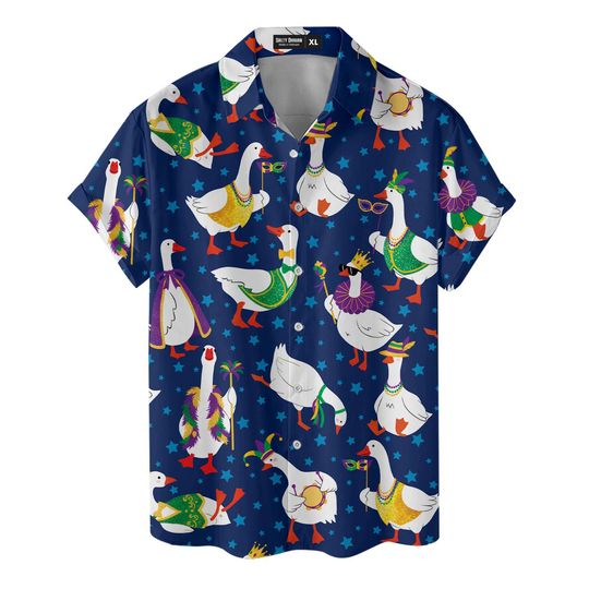 Discover Funny Goose Hawaiian Shirt - Mardi Gras Duck Pattern, Men's Short Sleeve