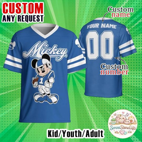 Discover Custom Mickey Football Jersey, Personalized Name Number Shirt, Blue Football Jersey, Disney Fan Gift, Unisex Sports Jersey