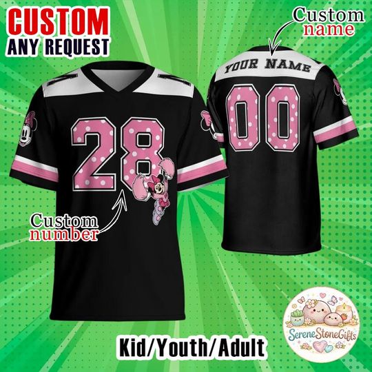 Discover Personalized Disney Minnie Mouse Football Jersey, Custom Name & Number Jersey, Minnie Cheerleader Shirt, Adult Kids Youth Jersey