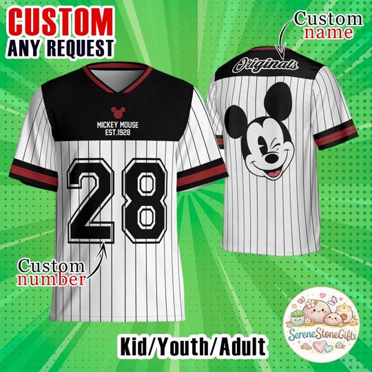 Discover Custom Disney Mickey Mouse Football Jersey, Mickey Mouse Est 1928 Striped Jersey, Personalized Name Number Shirt, Adult Kids Youth Disney