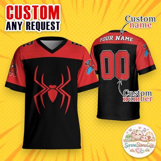 Discover Personalized Spider-Man Jersey, Red Black Superhero Football Shirt, Custom Name Number Jersey, Marvel Team Uniform, Hero Fan Gift