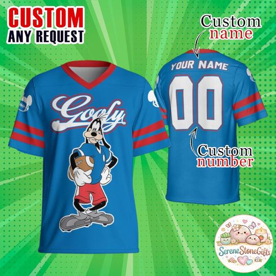 Discover Custom Goofy Football Jersey, Personalized Disney Team Shirt, Blue and Red Goofy Sports Jersey for Adults, Kids & Youth