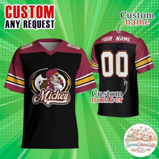 Discover Custom Mickey Football Jersey  Personalized Disney Team Shirt | Burgundy and Black Mickey Mouse Sports Jersey for Adults, Kids & Fans