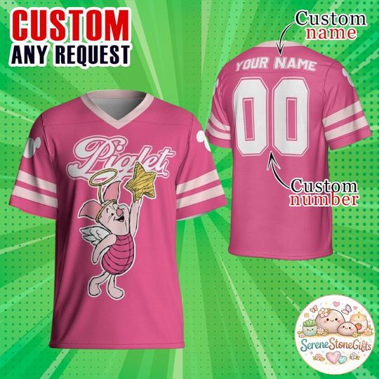 Discover Custom Piglet Football Jersey, Personalized Name Number Disney Team Shirt for Adults, Kids & Youth | Cute Pink Piglet Angel Jersey