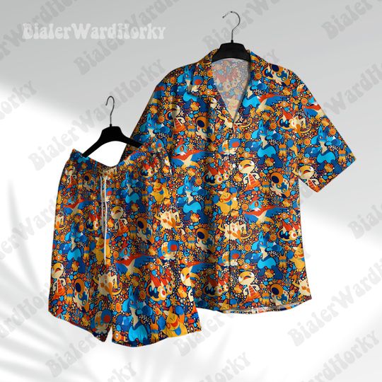 Retro Gaming Hawaiian Shirt Short - Fighting Type Anime Lucario, Dudunsparce, Makuhita - Video Game Gifts
