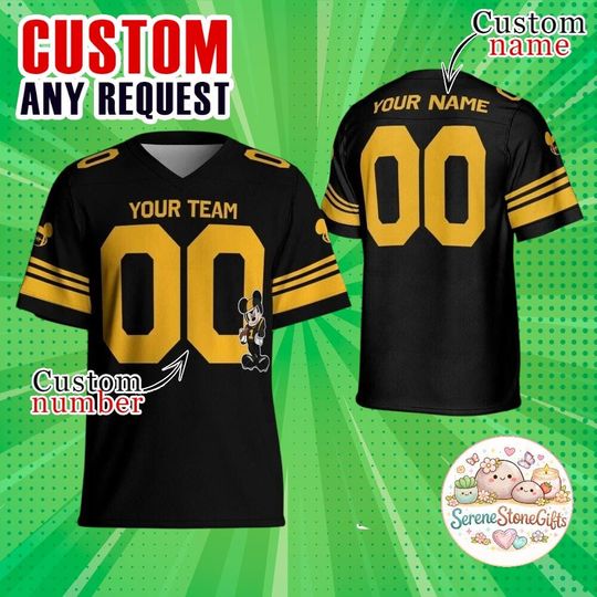 Discover Custom Disney Mickey Football Jersey, Personalized Black Gold Mickey Mouse Jersey, Disney Family Matching Shirt, Adult Youth Kid