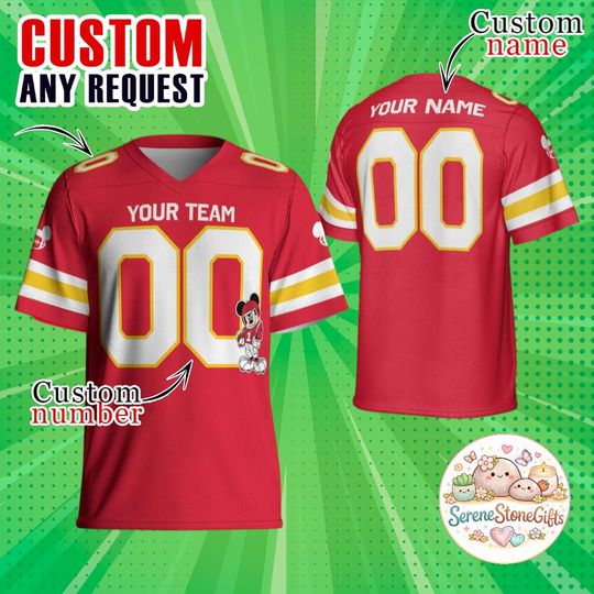 Discover Custom Disney Mickey Super Star Red Chiefs Football Jersey, Personalized Name Number Team Shirt, Matching Family Disney Jersey