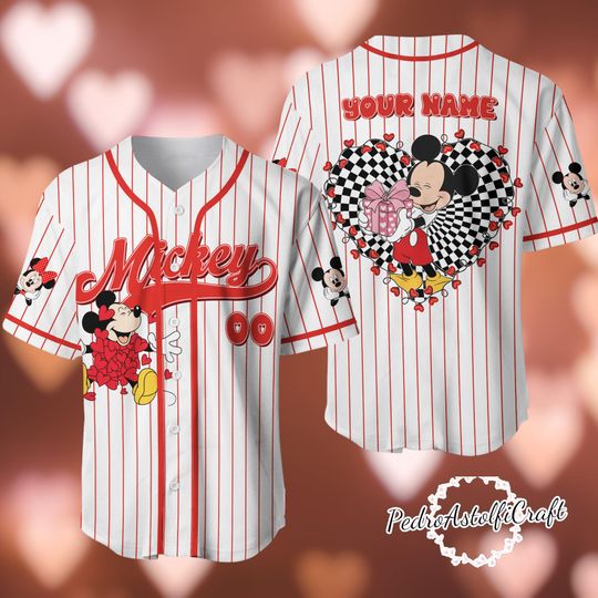 Custom Disney Valentine Baseball Jersey, Mickey Minnie Heart Jersey, Personalized Name Number Shirt, Couple Matching Disney Gift