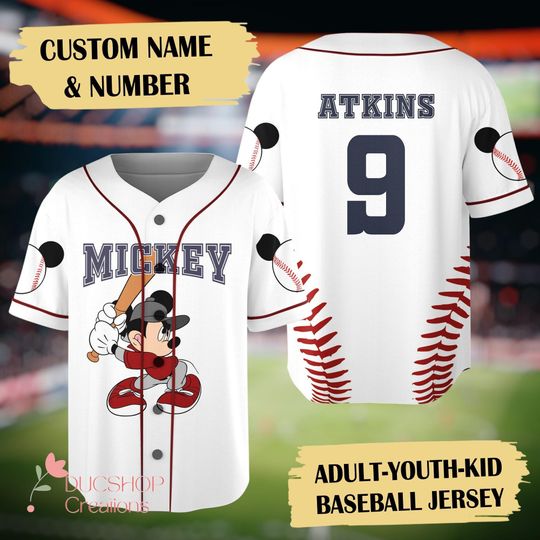 Discover Personalized Mickey Mouse Baseball Jersey, Custom Number Jersey Shirt, Cute Cartoon Baseball Tee, Mickey Character Sports Jersey