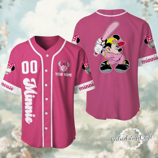 Discover Minnie Mouse Baseball Jersey, Disney Minnie Pink Jersey Shirt, Custom Name Number Minnie Jersey, Disney Family Outfit