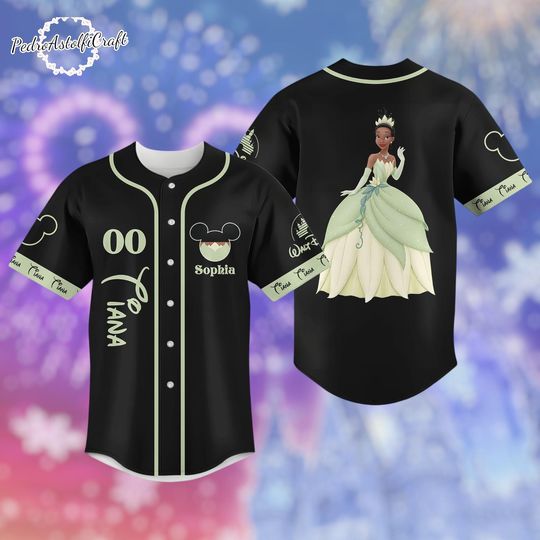 Discover Princess Tiana Baseball Jersey  Custom Name Black & Green Jersey Shirt, Disney Princess Baseball Top, Personalized Gift for Fans