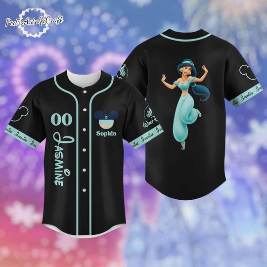 Discover Princess Jasmine Baseball Jersey  Custom Name Black & Aqua Jersey Shirt, Cute Disney Princess Baseball Top, Personalized Gift for Fans