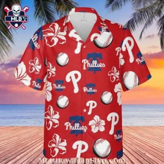 Discover Sporty Red Hawaiian Shirt With Baseballs And Floral Accents