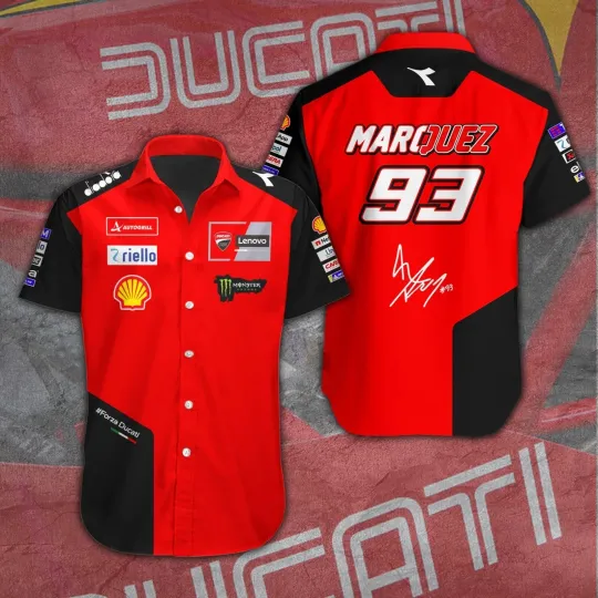 Discover Ducati Lenovo Team x Marc Marquez F1 button down Hawaiian Shirt, men top