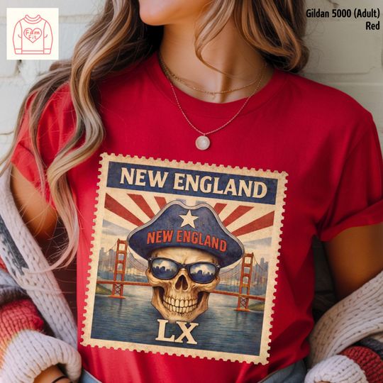 Discover New England Vintage Stamp Shirt, Retro Patriot Skull Graphic Tee, Celebrate Shirt, Famfit33-03