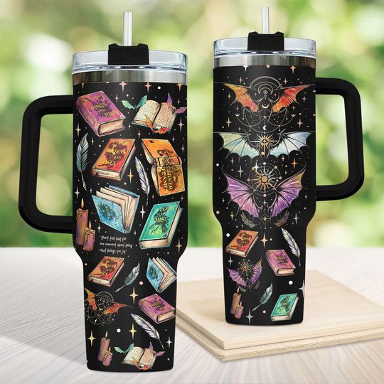Discover Multicolor Dragon 40oz Tumbler, Fantasy Book Tumbler With Handle, Dragon Wings Tumbler, Black Travel Mug, Gift for Book Lover