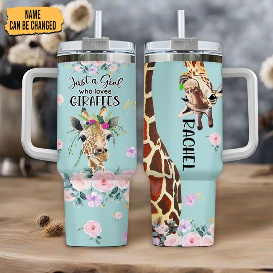 Discover Personalized Giraffe Tumbler: 40oz Stainless Steel Cup with Handle & Straw