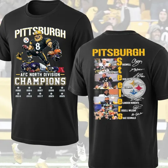 Discover Pittsburgh Steeler Champions TShirt 2025 AF.C North Division Mascot 2 Sided Tee