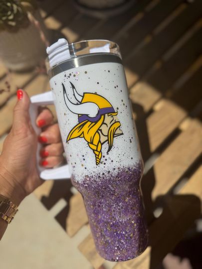 Discover 40 oz Custom Game Day Tumbler | Football Travel Cup | Purple & Gold | Glitter | Personalized Name Cup with Straw | Sports Gift
