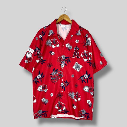 Discover Vintage 90s Los Angeles ANGELS Hawaii Shirt Large Hawaiian Hibiscus Floral Angles Baseball Team