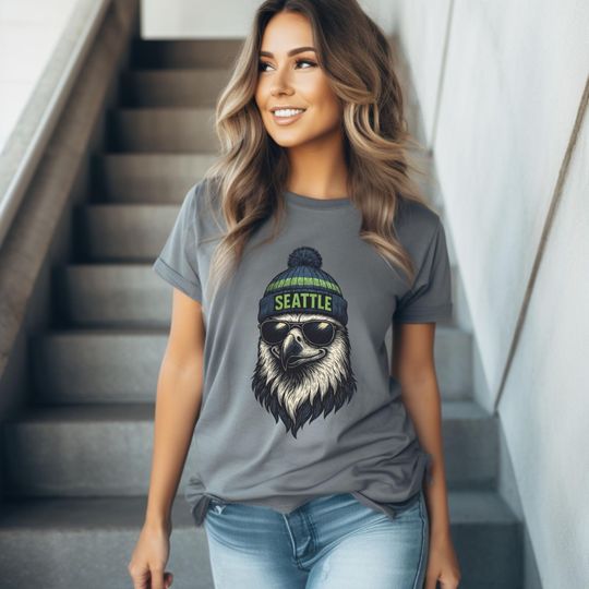 Discover Seattle Football Distressed Hawk with Beanie Unisex Softstyle T-shirt