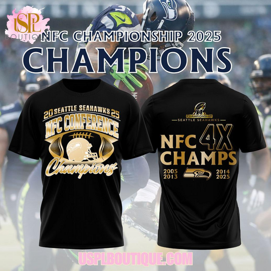 Discover Seattle Seahawks 4X NFC Championship 2025 Black T-Shirt