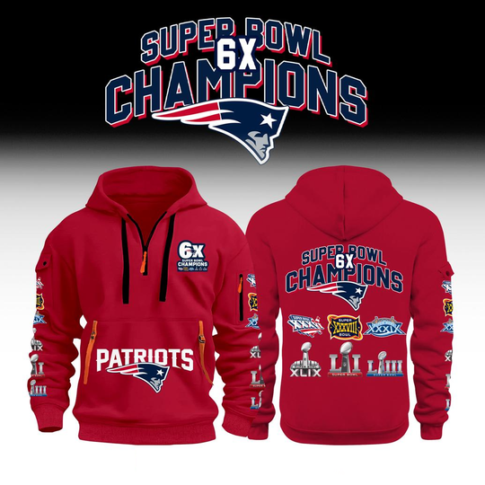 New England Patriots 6x Super Bowl Champions Red Quarter Zip Hoodie