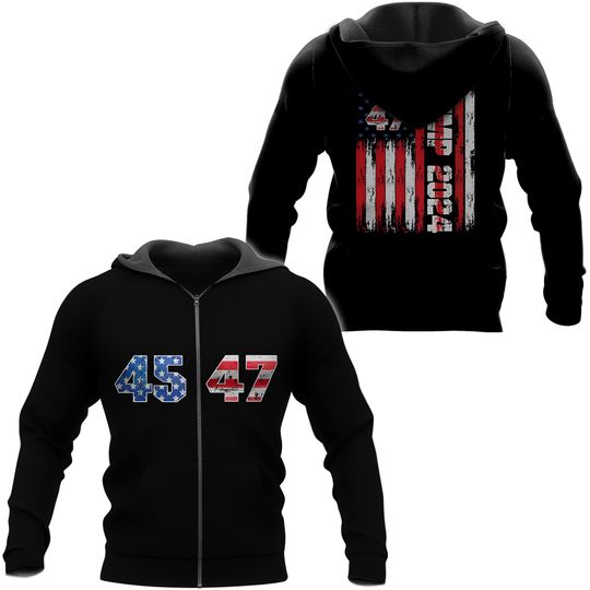 Trump Merch Black Zip Up Hoodie Unisex Trump Hoodie 2024 Trump Vance 45 47 Apparel for Republican Conservatives and Gifts Trump Supporter